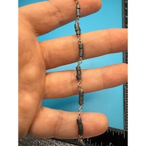 Sterling Silver 925 Hematite Cylinder Bead Wire Wrapped Link Bracelet 7.5 Inch